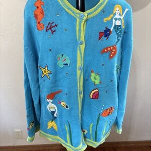 Quacker Factory Women's 3X  Blue Green Mermaids Embroidered Cardigan Sweater GUC
